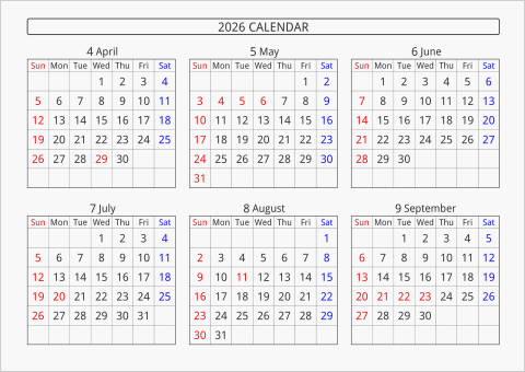 2026年 6ヶ月カレンダー 横向き 4月始まり 曜日(英語)