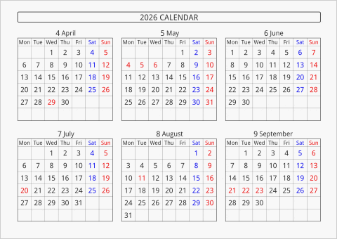 2026年 6ヶ月カレンダー 横向き 4月始まり 月曜始まり 曜日(英語)