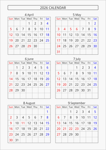 2026年 6ヶ月カレンダー 縦向き 4月始まり 曜日(英語)
