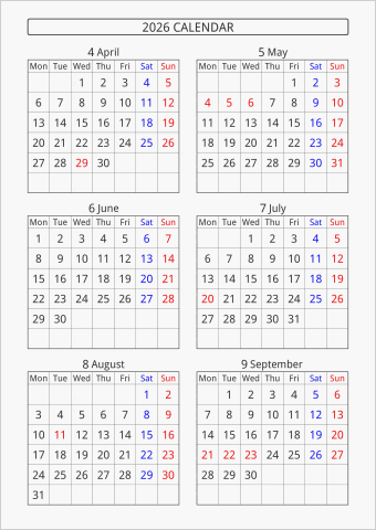 2026年 6ヶ月カレンダー 縦向き 4月始まり 月曜始まり 曜日(英語)