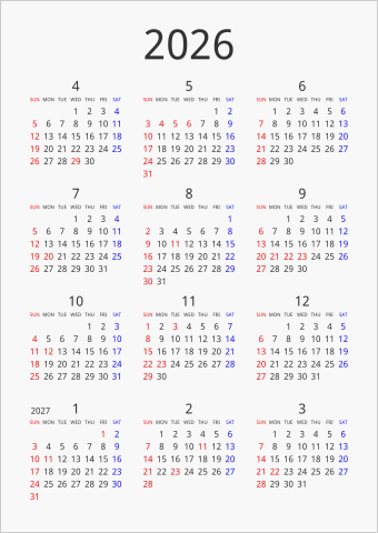 2026年 年間カレンダー シンプル 縦向き 4月始まり 曜日(英語)