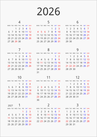 2026年 年間カレンダー シンプル 縦向き 4月始まり 月曜始まり 曜日(英語)
