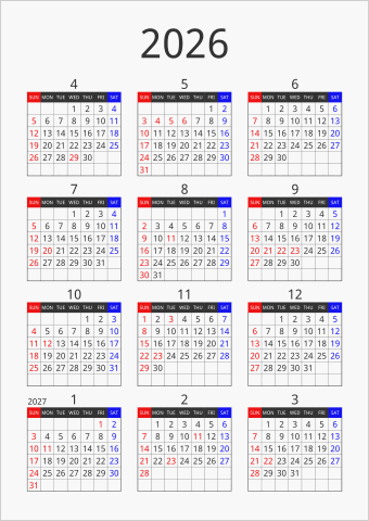 2026年 年間カレンダー フォーマル 縦向き 4月始まり 曜日(英語)