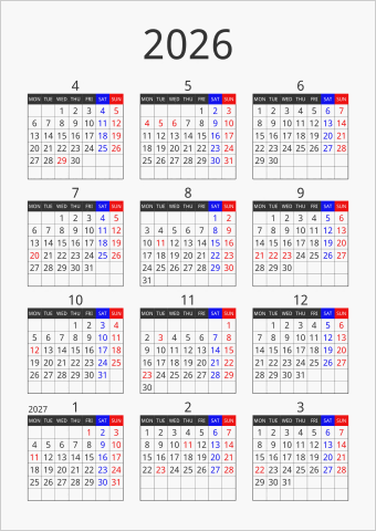 2026年 年間カレンダー フォーマル 縦向き 4月始まり 月曜始まり 曜日(英語)
