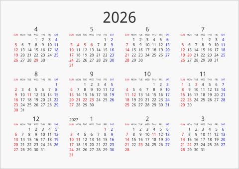 2026年 年間カレンダー シンプル 横向き 4月始まり 曜日(英語)