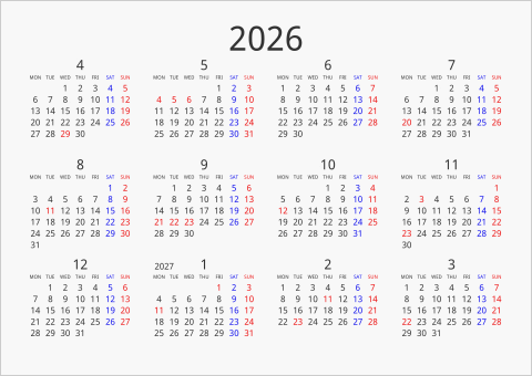 2026年 年間カレンダー シンプル 横向き 4月始まり 月曜始まり 曜日(英語)