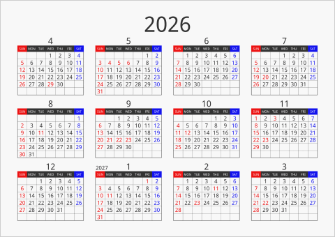 2026年 年間カレンダー フォーマル 横向き 4月始まり 曜日(英語)