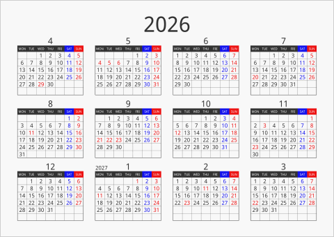 2026年 年間カレンダー フォーマル 横向き 4月始まり 月曜始まり 曜日(英語)