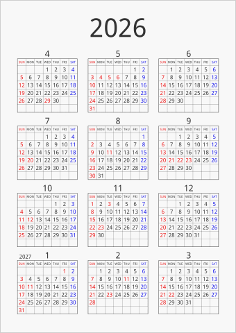 2026年 年間カレンダー シンプル 枠あり 縦向き 4月始まり 曜日(英語)