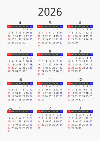 2026年 年間カレンダー フォーマル 枠なし 縦向き 4月始まり 曜日(英語)
