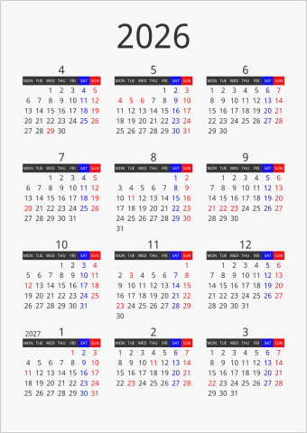 2026年 年間カレンダー フォーマル 枠なし 縦向き 4月始まり 月曜始まり 曜日(英語)