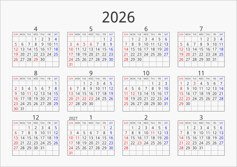 2026年 年間カレンダー シンプル 枠あり 横向き 4月始まり 曜日(英語)