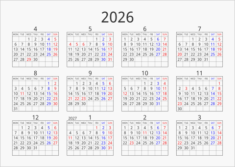 2026年 年間カレンダー シンプル 枠あり 横向き 4月始まり 月曜始まり 曜日(英語)