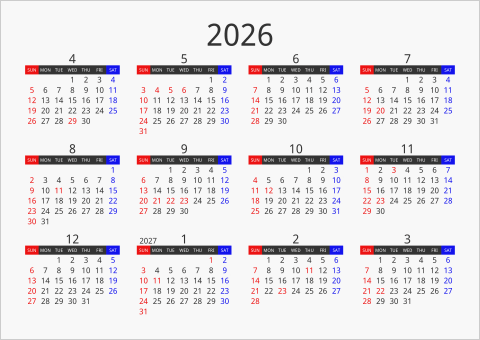 2026年 年間カレンダー フォーマル 枠なし 横向き 4月始まり 曜日(英語)