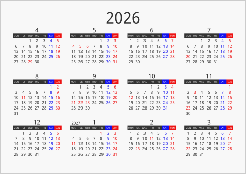 2026年 年間カレンダー フォーマル 枠なし 横向き 4月始まり 月曜始まり 曜日(英語)