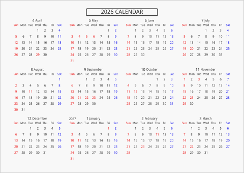 2026年 年間カレンダー 標準 枠なし 横向き 4月始まり 曜日(英語)