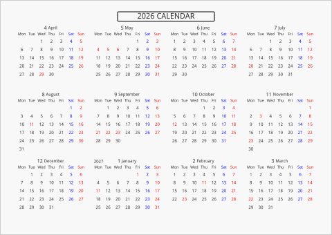 2026年 年間カレンダー 標準 枠なし 横向き 4月始まり 月曜始まり 曜日(英語)