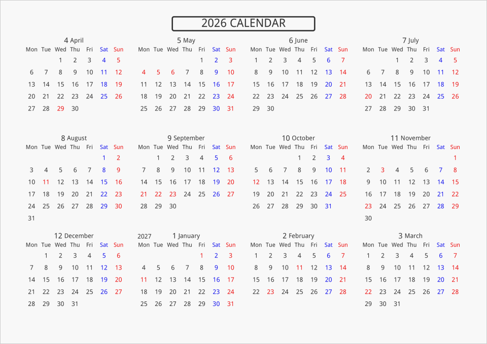 2026年 年間カレンダー 標準 枠なし 横向き | パソコンカレンダーサイト