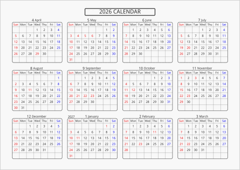 2026年 年間カレンダー 標準 角丸枠 横向き 4月始まり 曜日(英語)