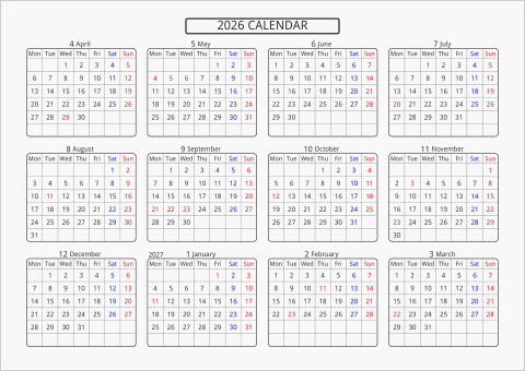 2026年 年間カレンダー 標準 角丸枠 横向き 4月始まり 月曜始まり 曜日(英語)