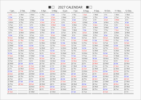 2027年 年間カレンダー 日付縦向き 曜日(英語)