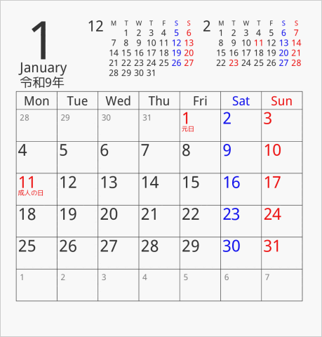 2027年 FDサイズ卓上カレンダー 月曜始まり 曜日(英語)