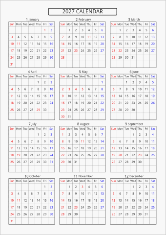 2027年 年間カレンダー 標準 枠あり 曜日(英語)