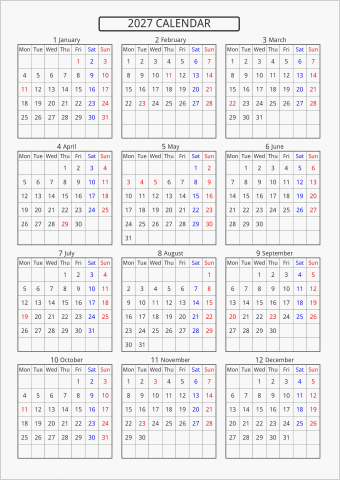 2027年 年間カレンダー 標準 枠あり 月曜始まり 曜日(英語)