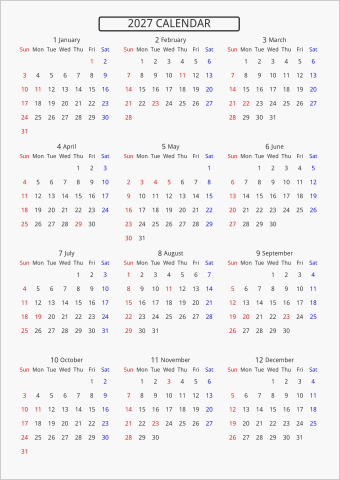 2027年 年間カレンダー 標準 枠なし 曜日(英語)