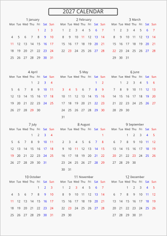 2027年 年間カレンダー 標準 枠なし 月曜始まり 曜日(英語)