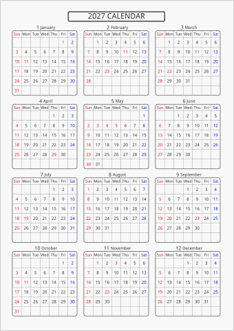 2027年 年間カレンダー 標準 角丸枠 曜日(英語)