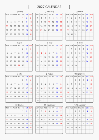 2027年 年間カレンダー 標準 角丸枠 月曜始まり 曜日(英語)