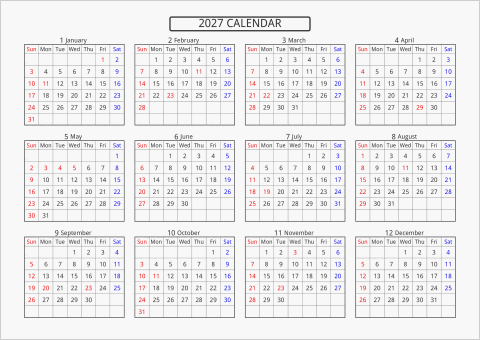 2027年 年間カレンダー 標準 横向き 曜日(英語)