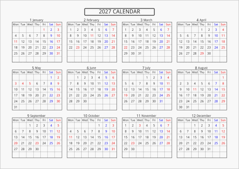 2027年 年間カレンダー 標準 横向き 月曜始まり 曜日(英語)