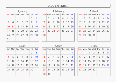 2027年 6ヶ月カレンダー 横向き 曜日(英語)