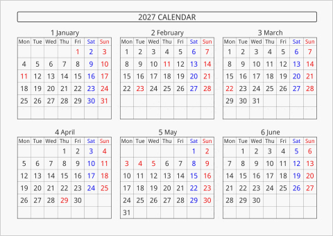 2027年 6ヶ月カレンダー 横向き 月曜始まり 曜日(英語)