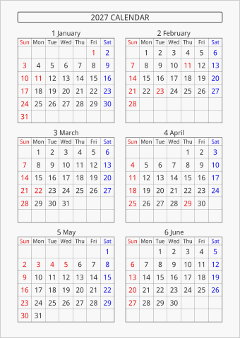 2027年 6ヶ月カレンダー 縦向き 曜日(英語)
