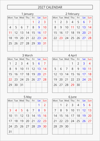 2027年 6ヶ月カレンダー 縦向き 月曜始まり 曜日(英語)