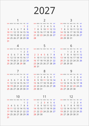 2027年 年間カレンダー シンプル 縦向き 曜日(英語)