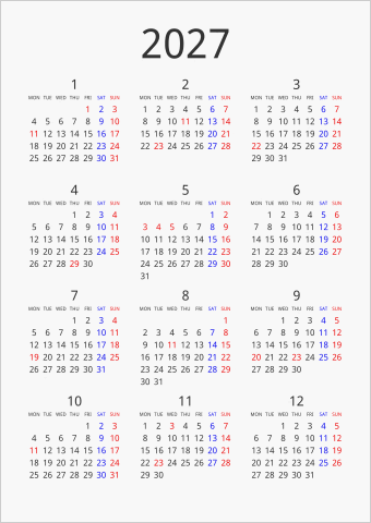2027年 年間カレンダー シンプル 縦向き 月曜始まり 曜日(英語)