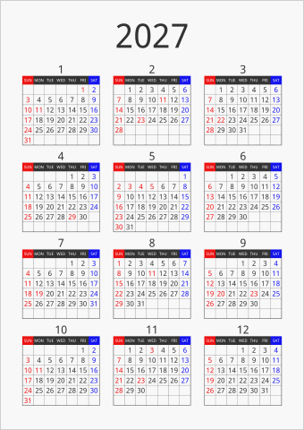2027年 年間カレンダー フォーマル 縦向き 曜日(英語)