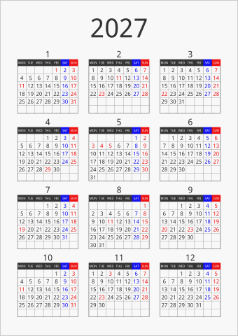 2027年 年間カレンダー フォーマル 縦向き 月曜始まり 曜日(英語)