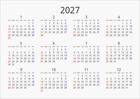 2027年 年間カレンダー シンプル 横向き 曜日(英語)