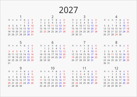 2027年 年間カレンダー シンプル 横向き 月曜始まり 曜日(日本語)
