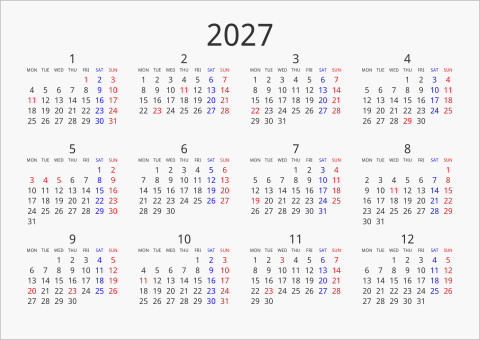2027年 年間カレンダー シンプル 横向き 月曜始まり 曜日(英語)