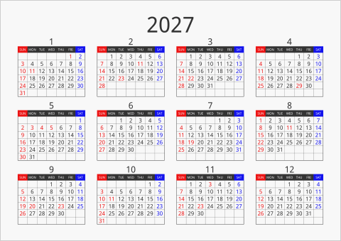 2027年 年間カレンダー フォーマル 横向き 曜日(英語)
