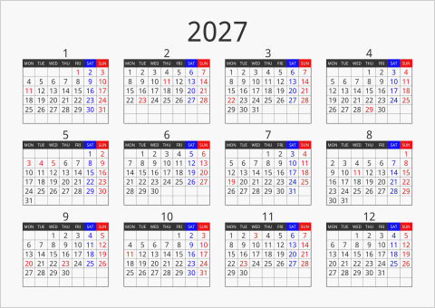 2027年 年間カレンダー フォーマル 横向き 月曜始まり 曜日(英語)