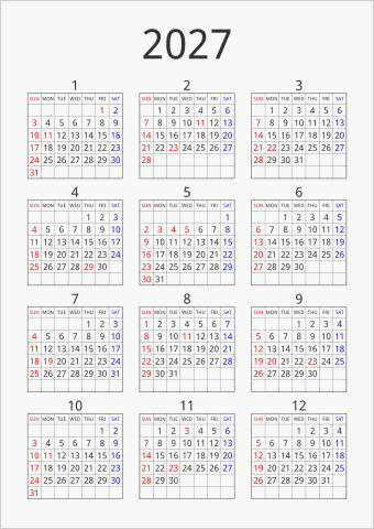 2027年 年間カレンダー シンプル 枠あり 縦向き 曜日(英語)