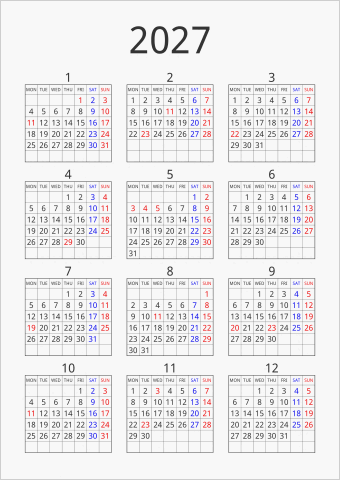 2027年 年間カレンダー シンプル 枠あり 縦向き 月曜始まり 曜日(英語)