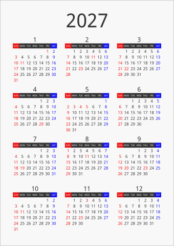 2027年 年間カレンダー フォーマル 枠なし 縦向き 曜日(英語)